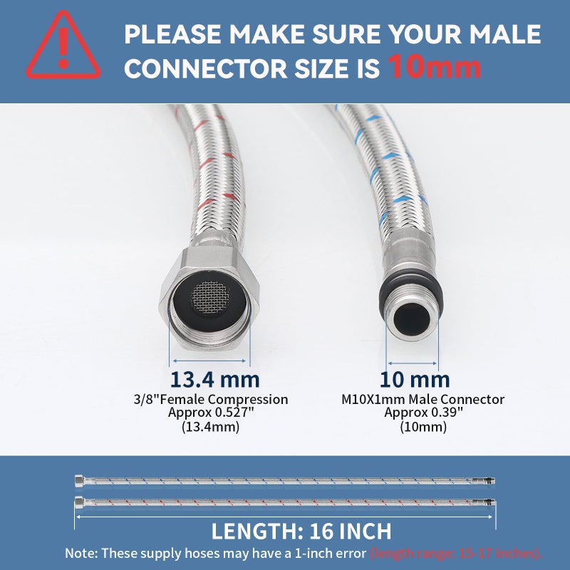Homevacious 16-Inch Long Bathroom Kitchen Faucet Connector Braided Supply Hose 3/8-Inch Female Compression Stainless Steel Sink Faucet Connection Thread x M10 Male Connector x 2 Pcs (1 Pair) - Image 2